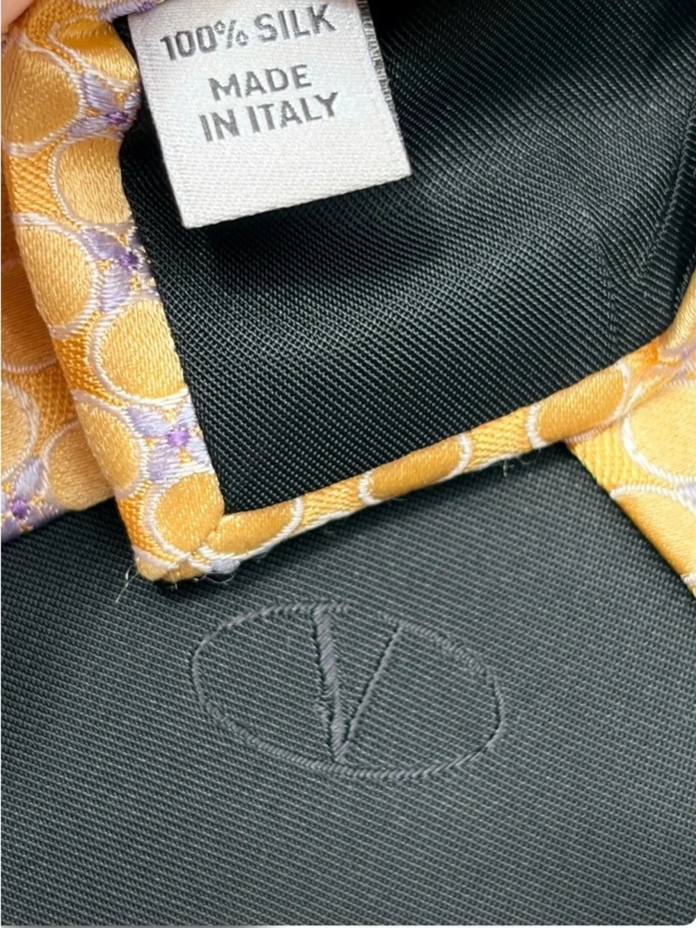 Valentino Silk Tie Gold Yellow Purple Geometric  Pattern Italy Designer Luxury